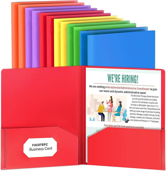Plastic Folders with Pockets, 2 Pocket Folders Fit Letter Size Paper, Heavy Duty Paper File Folder with Business Card Holder for School Office Home Business (12 Pack, Assorted Colors)