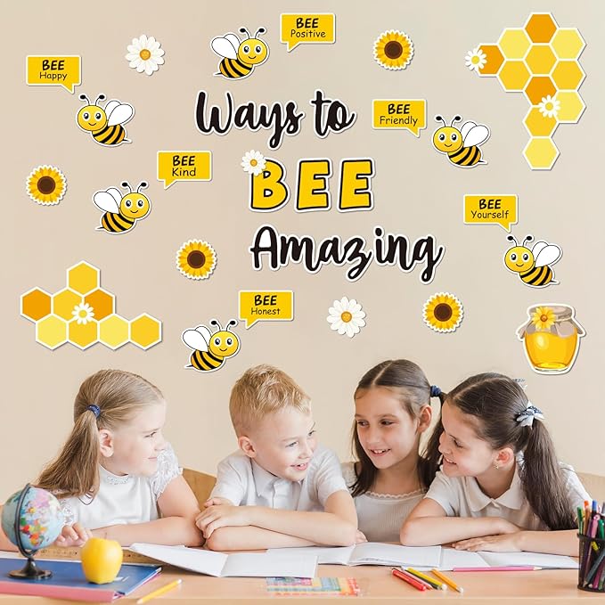 JarThenaAMCS 88Pcs Bee Bulletin Board Decorations Summer Bee Daisy Sunflower Cutouts Inspirational Quotes Name Tags for Back to School Classroom Chalkboard Wall Office Home Decor