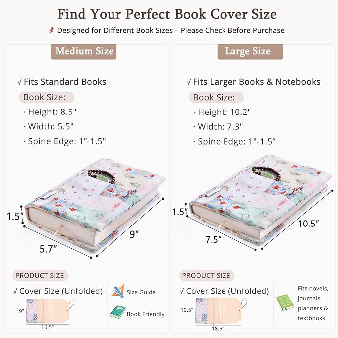 Aplufine Adjustable Fabric Book Cover with Elastic Band, Washable Reusable Book Sleeve for Hardcover Books, Textbooks, Novels & Journals, Book Protector with Pocket & Bookmark,Book Gift