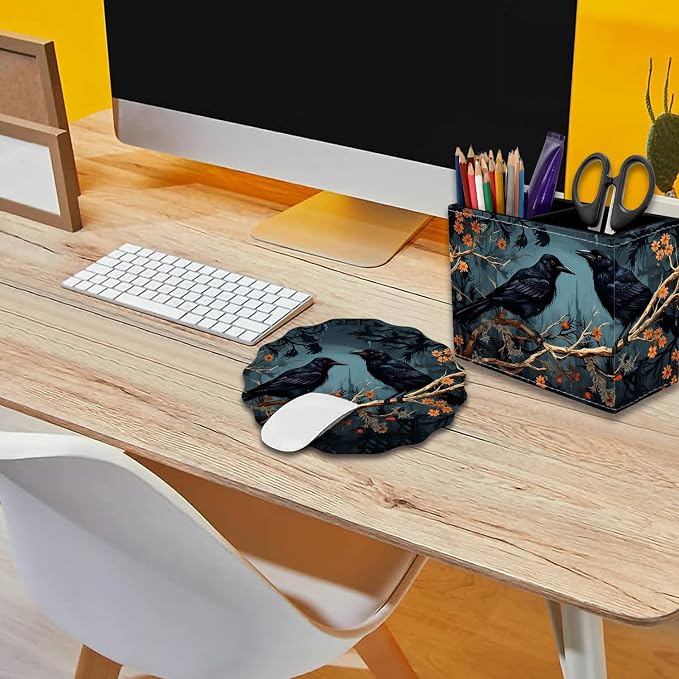 Pen Holder for Desk, PU Leather Multifunctional Desktop Storage Box and Anti-Slip Mouse Pad Set, Makeup Brush Holder Pen Organizer for Office and Home - Branch Crow