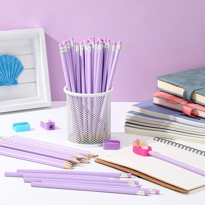 Tinlade 50 Pcs Triangular Grip Pencils Wood Wedding Pencils HB Graphite Pencil Pack Eraser for Baby Shower Drawing Sketching Bridal Shower Office Supplies(Purple)