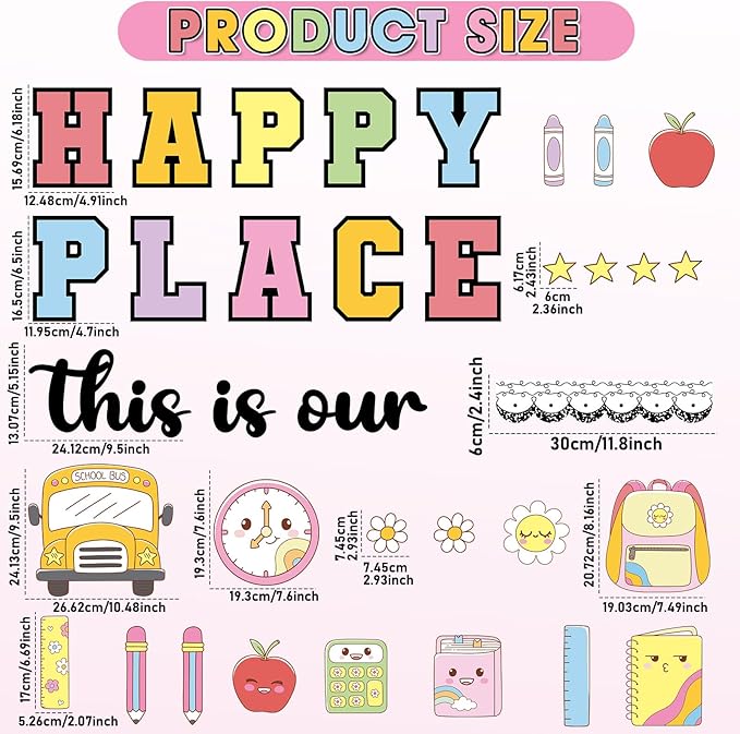 Composition Notebook Bulletin Board This is Our Happy Place Classroom Decor Welcome Back to School Party Decoration Notebook Book Bag Pencils Cutouts for First Day of School Craft Classroom Wall Decor