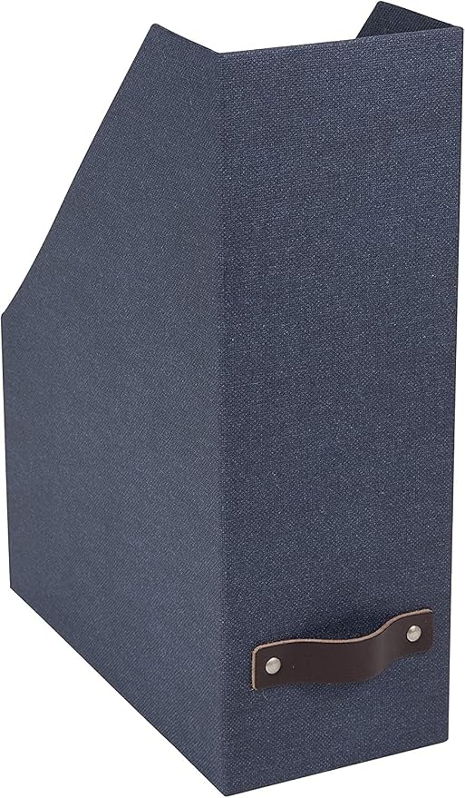 Bigso Box of Sweden Estelle Canvas Fiberboard Upright Magazine Holder and Organizer for Papers and Catalogs with Leather Handle - Magazine File Holder for Office Desks - 12.6in x 4.5in x 9.8in - Blue