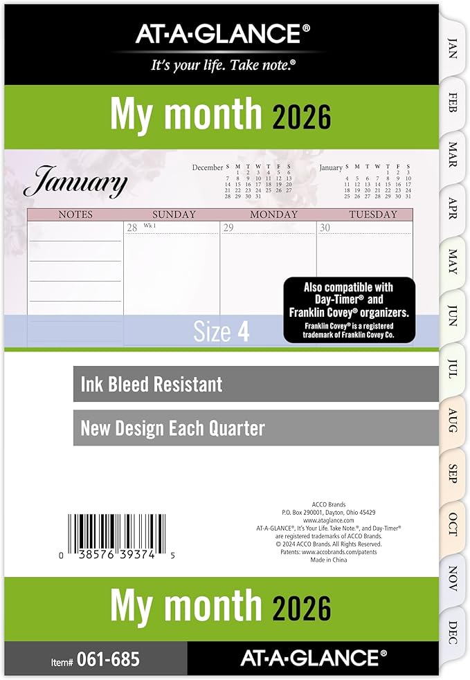 AT-A-GLANCE 2026 Planner Refill, Monthly, 5-1/2" x 8-1/2", Desk Size 4, Loose-Leaf, Unruled Blocks, Nature (061-685-26)