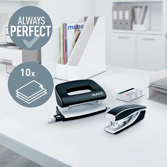Leitz 55612095 Mini Stapler and Hole Punch Set, Staple or Punch Up to 10 Sheets, Includes P2 N°10 Staples, Wow Range, Black