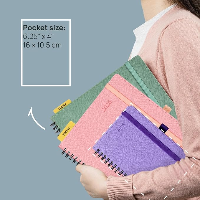 POPRUN Pocket Planner 2026 (Jan-Dec), Small Size-4'' x 6.25'', 12-Month Horizontal Weekly Notebook, 2026 Pocket Calendar Book with Monthly Tabs, Spiral Soft Cover, Inner Pocket, 100 GSM - Midnight Green