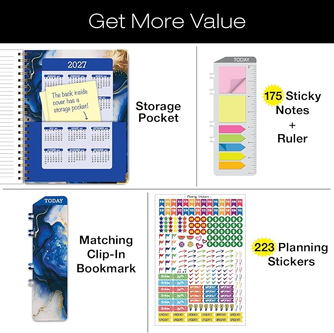 HARDCOVER Academic Year 2026-2027 Planner: 14 Months (May 2026 Through June 2027) 8.5"x 11" Daily Weekly Monthly Planner Yearly Agenda. Bookmark, Pocket Folder and Sticky Note Set (Dark Blue Marble)