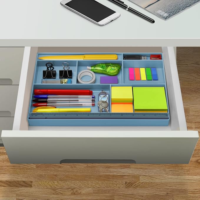 Acrimet Desk Drawer Organizer Tray with 8 Compartments – Multi-Purpose Bin for Office Supplies, Makeup, and Accessories – Fits inside Drawers or Desktops, 12.75" x 8" x 1.06" (Plastic) (Blue Color)