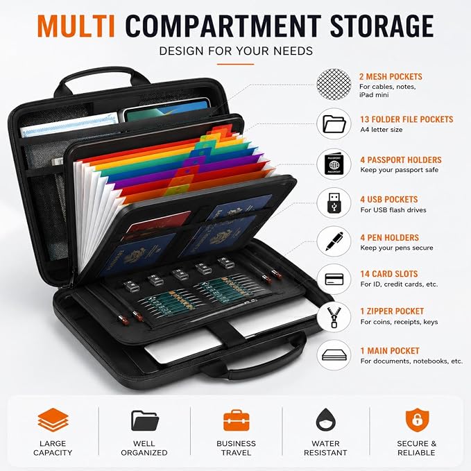 Fireproof Document Organizer with Lock, Waterproof Hard-Shell File Organizer, 13 Pocket Accordion Folder, Portable Safe Storage for A4 Files, Passports & Certificates, Home Office Travel Use, Black