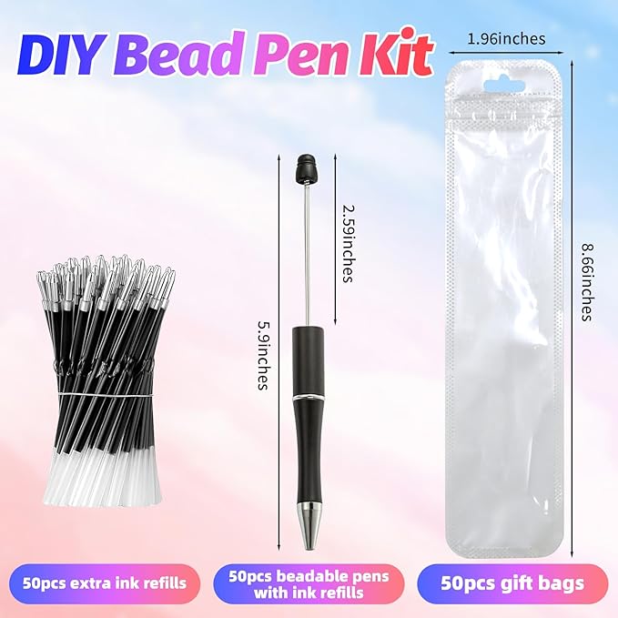 300 Pieces DIY Beadable Pen Kit – 100 Plastic Ballpoint Pens with Refills & Bags – School Supplies, Office Accessories & Decorative Items for Students & Teachers (Black and White)