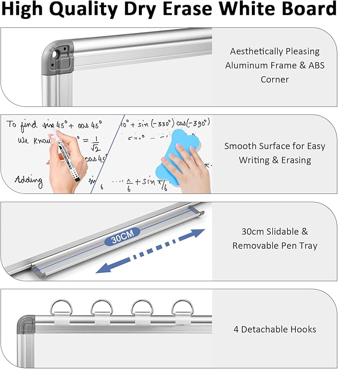 EAONE Magnetic Dry Erase Board for Wall 30” x 20”, Double Sided White Board, Silver Aluminum Frame Whiteboard Kit for Office Home School, with 1 Dry Eraser & 4 Magnetic Pins & 5 Multicolor Markers