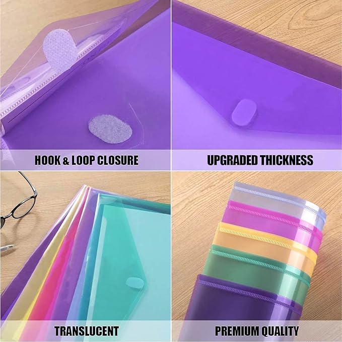 Sooez 12 Pack Plastic Envelopes File Folders, Plastic Folders with Pockets, Colored Folder for Documents Organizer Letter/A4 Size, Clear Filing Folders for Office School Paper Storage, 6 Colors