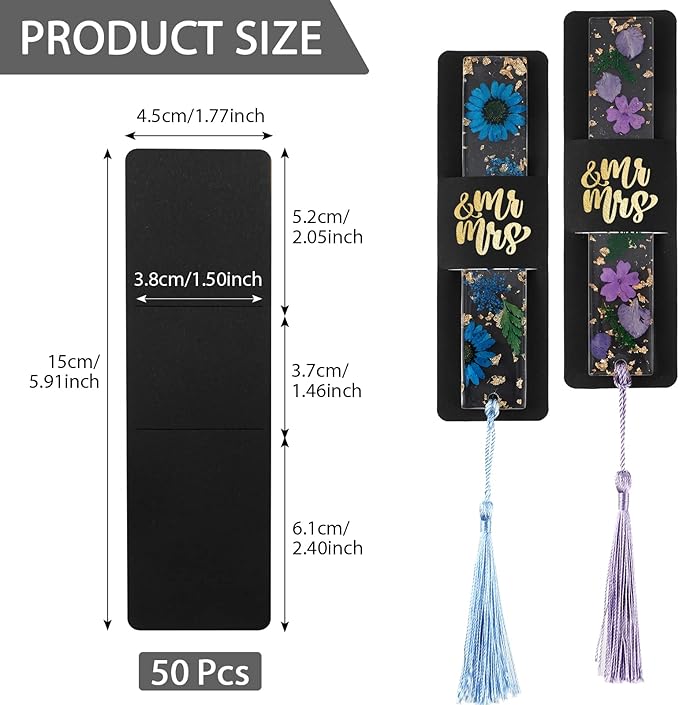 Fumete 50 Pieces Resin Bookmark Holder 5.9 x 1.8 Inches Kraft Bookmark Sleeves DIY Bookmarks Display Cards for Wrapping Small Business Packaging Supplies Party Favor Gift (Black, Cute)