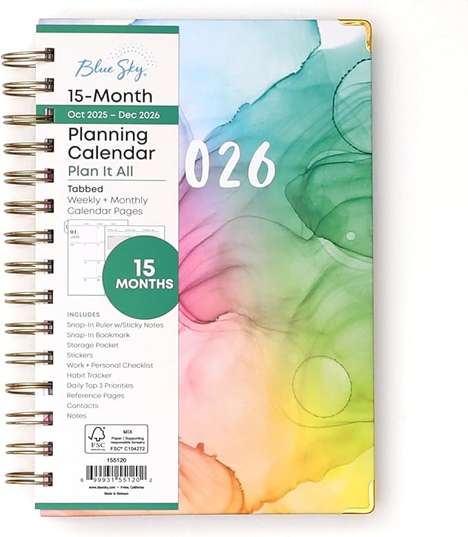 Blue Sky 15 Month 2026 Weekly and Monthly Planner Calendar, October 2025 - December 2026, 5" x 8", Hard Cover, Durable Twin Wire Binding, Laminated Tabs, Storage Pocket, Includes Ruler, Sticky Notes & Stickers, Rainbow Ink