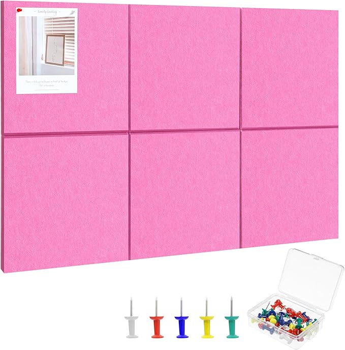 Large Cork Board 36" x 24", 6 Pack Felt Bulletin Board with 30 Pushpins, Cork Boards Alternative with Self-Adhesive Strips, Felt Wall Tiles Pin Boards for Walls Office Home School Decor-Hot Pink