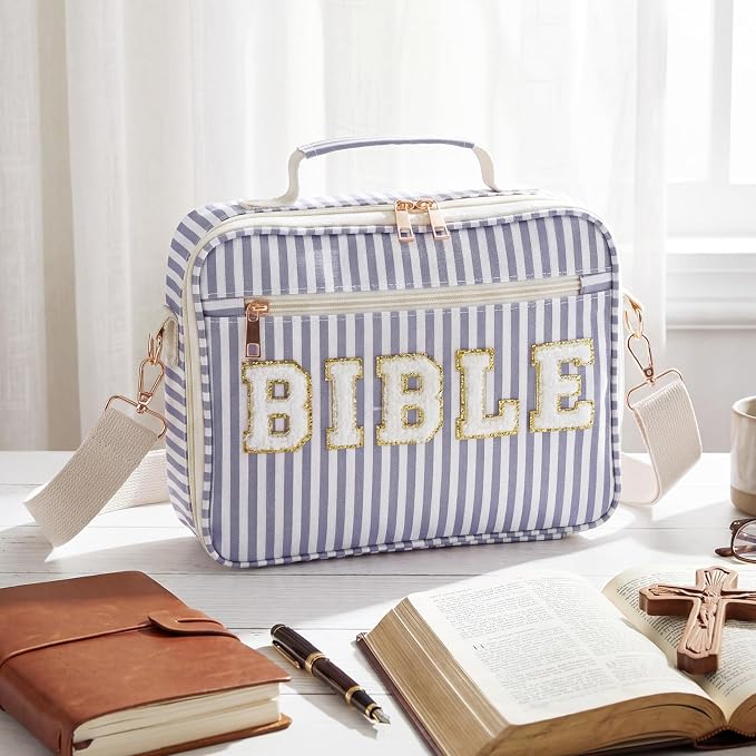 Dansydaisy Bible Cover Case for Women Large Chenille Letter Stripe Church Bible Bag with Shoulder Strap for Women(Dusty Blue)