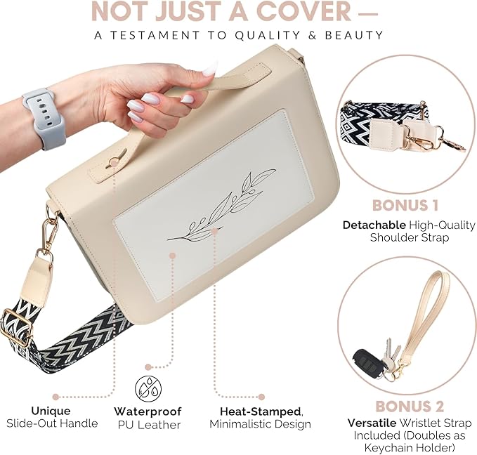 Regular Bible Cover Case for Bibles UP to 9.5"X6.7"X2.3", Bible Cases for Woman, PU Leather Bible Covers for Women w/Shoulder Strap, Zipper Closure, Ideal for Christian Art Gifts Bible Cover, Cream