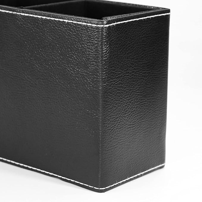 reamsEden PU Leather Pen Holder Cup, 2-Slot Vintage Square Desk Organizer for Office Supplies, Makeup Brushes, Remote Control, Black