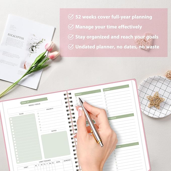 Undated Weekly Planner, Weekly To Do List Notebook with Goal, Organizer & Habit Tracker, A5 Daily Planner with Spiral Binding, Ideal for Office School Suppies