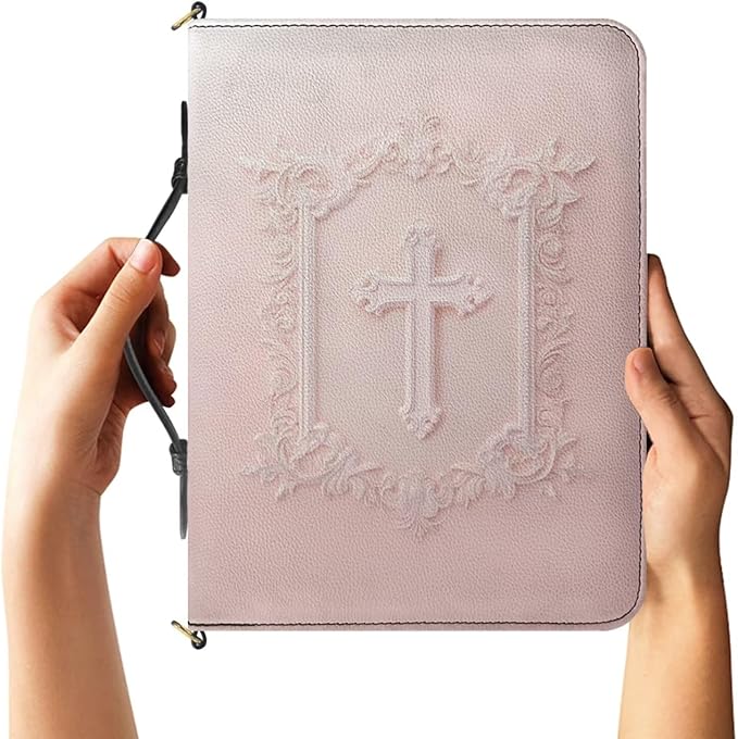 Large PU Leather Bible Cover for Women, Pink Bible Case with Strap and Handle, Faux Embossed Crucifix Print Biblia Carrier with Inner Pockets and Pen Loop, Christian Gifts for Mother