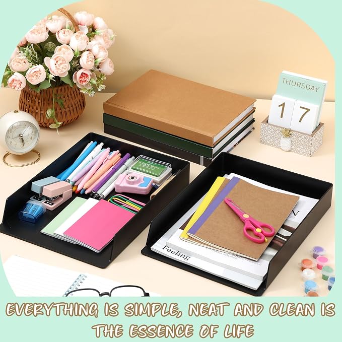 Wenqik 2 Pcs Stackable Paper Trays Rectangular Plastic Desk Holder Desktop Document File Organizer Storage Letter for Office Classroom (Black)