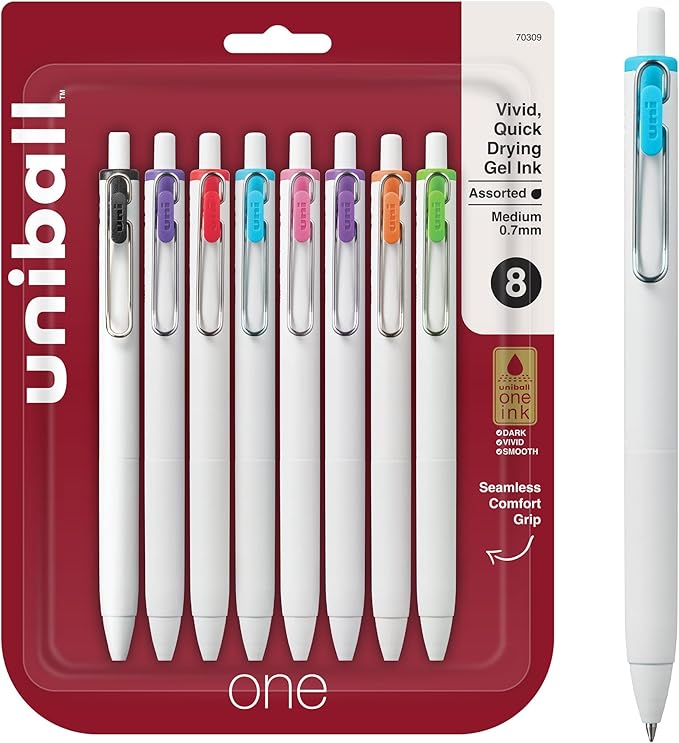 uniball one Retractable Gel Pens, Medium Point (0.7mm), Assorted Ink, 8 Pack
