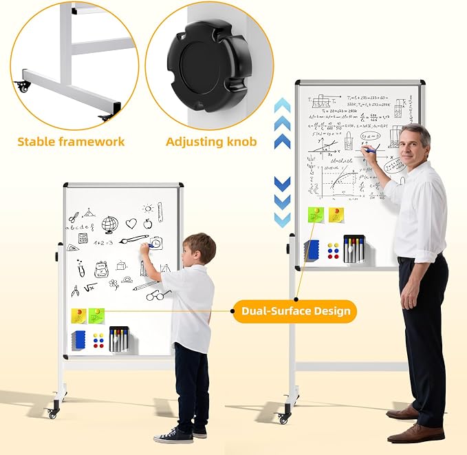 Mobile Dry Erase Board on Wheels, 48 x 28 Magnetic Double Sided Whiteboard Easel, Large Reversible Rolling White Board with Aluminum Frame Standing for Office, Home, Classroom