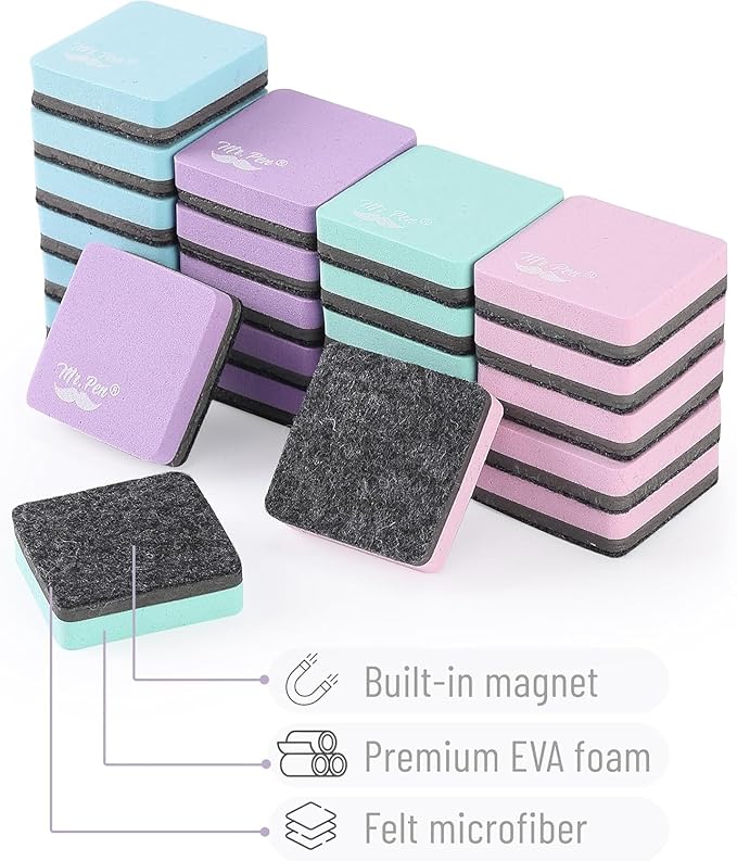 Mr. Pen- Mini Magnetic Dry Erase Erasers, 2" x 2", 24 Pack, Colorful Small Magnetic Whiteboard Dry Erase Erasers Bulk for Kids, Teachers, Students and Classroom Supplies