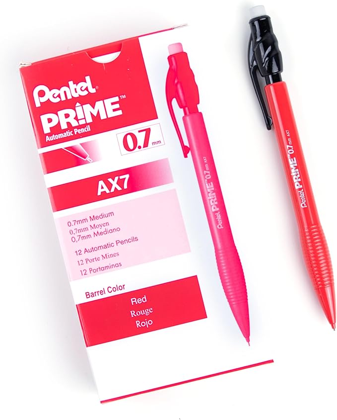 Pentel Prime Mechanical Pencil 0.7mm, Red Barrel, Box of 12 (AX7B)