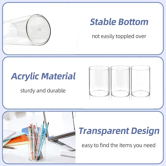 Yimy 8 Pack Acrylic Pen Holder, Round Pencil Organizer for Desk, Clear Makeup Brush Holder, Pencil Cup Pen Organizer for School Office Stationery