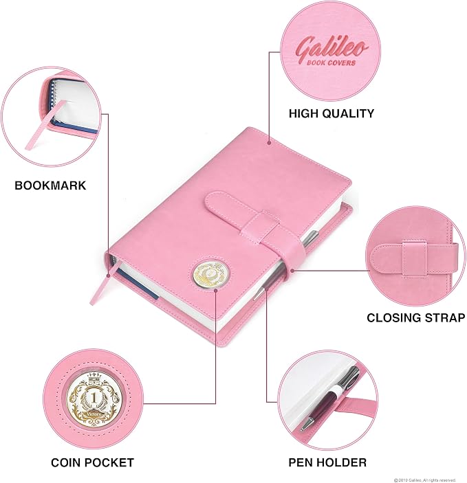 GALILEO® Single AA Big Book Cover | PU Leather AA Book Covers for Hardcover | Medallion Holder | AA Gift | Alcoholics Anonymous | Premium Design (Plain/Coin Pocket/Pink)