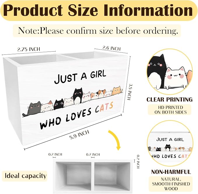 Funny Cat Pen Holder for Desk, Cat Lover Lady Mom Owner Gifts Pencil Organizer, Just a Girl Who Loves Cats Wooden Box Sign Desk Decor for Home Office Decoration