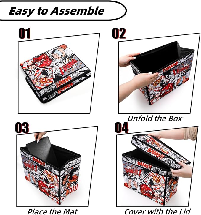 Comic Book Storage Box, 15.3" x 7.8" x 11.8" Large Comic Book Case, Oxford Fabric Organizer, Collapsible Storage Bin with Lid and Handles for Books Magazines Collections, Cartoon Colorful