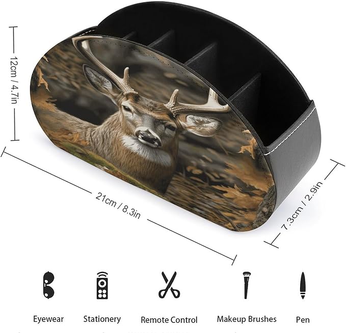 Leather Remote Control Holder with 5 Compartments Camouflage Deer Remote Caddy Desktop Organizer Store TV Remote Holder Remote Organizer for Bedside Table Office Desk