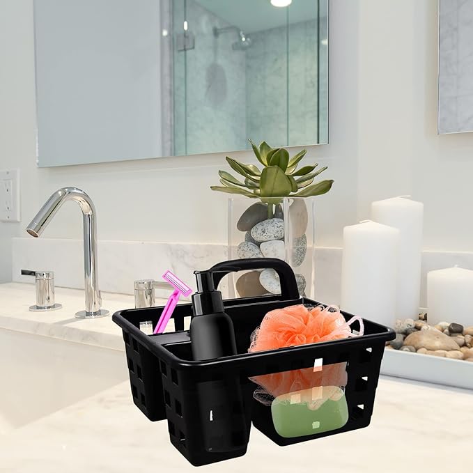 Divided 3-Compartment Plastic Caddies with Handle 10x8.75x7.5 in., Home Office Portable Multipurpose Utility Reusable Container Organizer Storage Holder Bucket Basket, Set of 2 (BLACK)