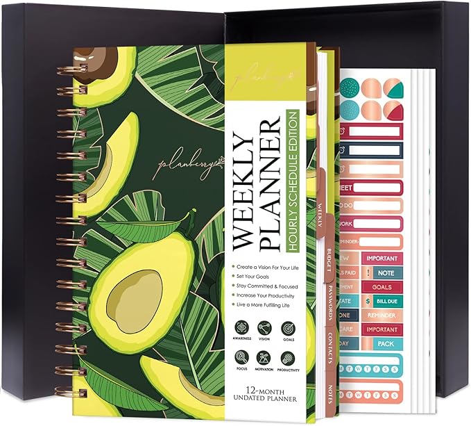 PLANBERRY Hourly Schedule Planner Premium – Undated Weekly Organizer with Time Slots & Monthly Budget – Time Management, Goal Setting, to-Do List & Habit Tracker –6.9″x8.5″(Avocado Green)