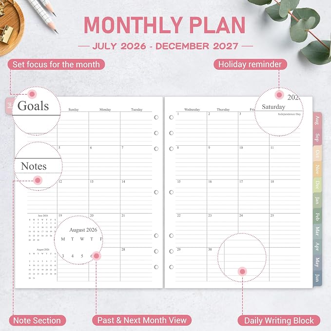 2026-2027 Monthly Planner Refill for 3 Ring, A4 Letter Size Planner Inserts, 8.5"x11", Jul. 2026 - Dec. 2027, 18 Monthly Calendars with Colorful Laminated Tabs, 7/3-Hole Punched