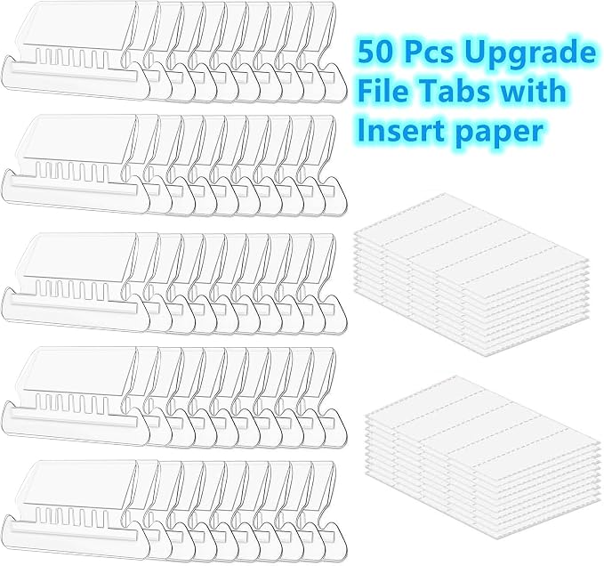 Folder Labels,50+50 Sets of Hanging Folder Label Tabs and Inserts for Hanging Folders for Quick Identification, (2 in， Clear)
