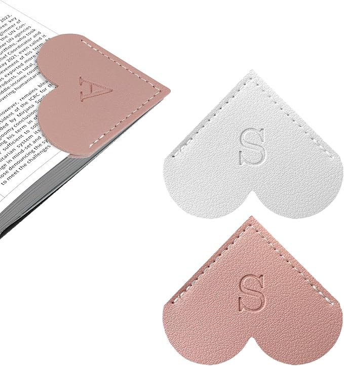 2Pcs Personalized Leather Heart Bookmark with Initial, 26 Letters Custom Corner Page Book Mark for Reading Women, Book Lovers, Teachers, Students, Cute Book Accessories Gifts(White+Pink, S)