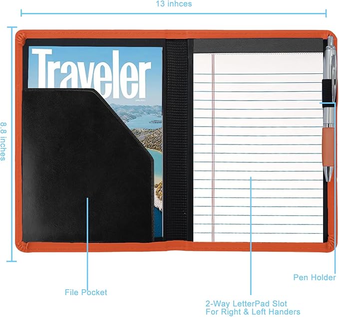 A5 Padfolio Business Portfolio Folder,Junior Size Document Folder Organizer, Padfolio with Interior Pocket and Pen Loop, 5 x 8 Writing Pad Included,Orange.