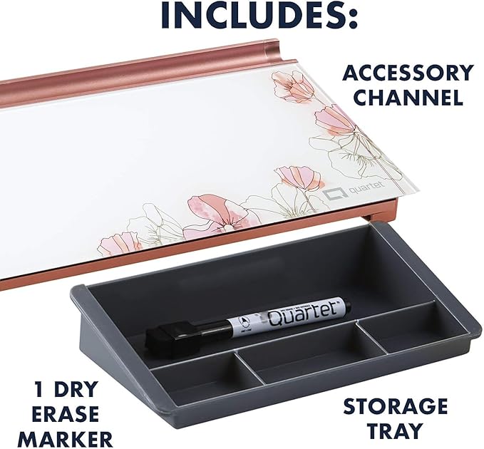 Quartet Glass Dry Erase White Board 18"W x 6"H, Compact Desktop Whiteboard with Storage Drawer, Floral (GDP186P)
