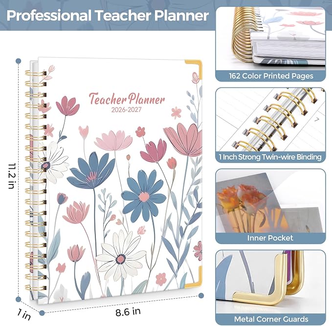 SKYDUE Teacher Planner 2026-2027 Academic Year, 8.5" x 11" Deluxe Teacher Lesson Planner with Monthly Tabs & Stickers, Lesson Plan Book 26-27, FloralB