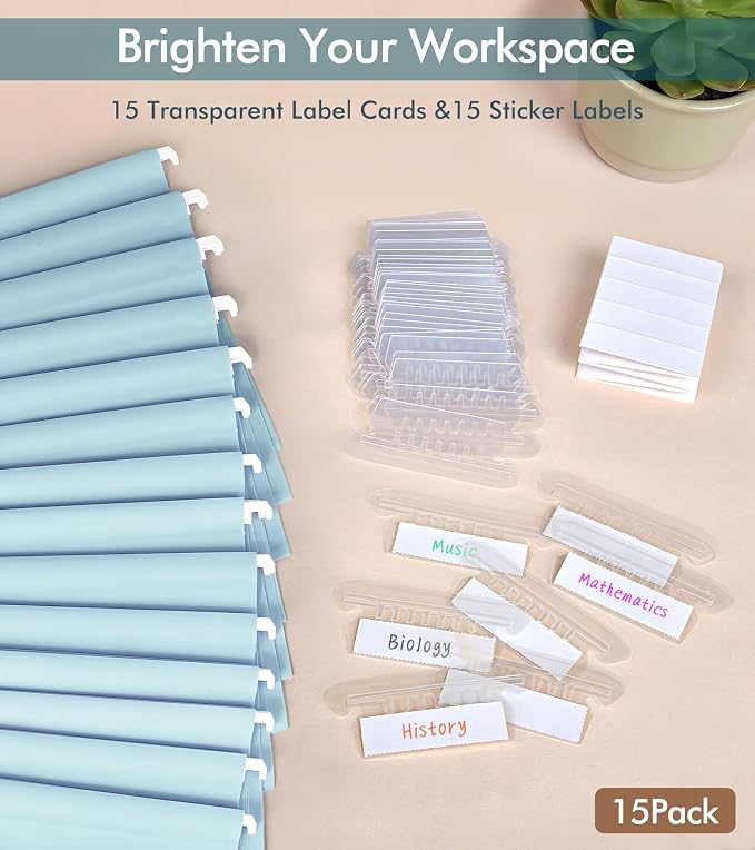 Plastic Hanging File Folders Letter Size, Colored Hanging File Folders with Tabs, Durable Waterproof Plastic Hanging Folders for Filing Cabinets, Office, School & Home Organization (15, Blue)