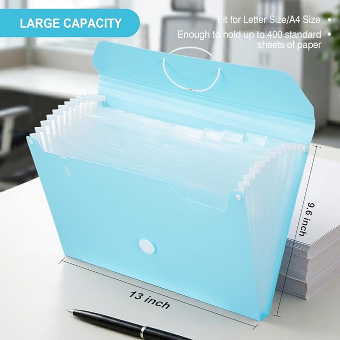 Comix Accordion File Organizer, 13 Pocket Expanding File Floder with Labels for A4/Letter Size Documents, Accordion File Folder for Office, Home, School（Blue）