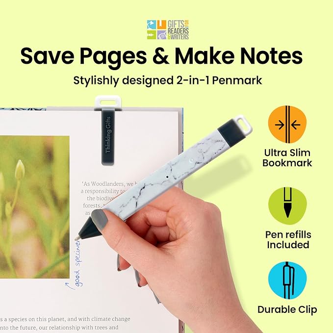 Gifts for Readers & Writers Pen Bookmark, Page Marker & Flat Writing Pen for Journal Notebook & Planner, Penmark Reading Accessory for Making Book Annotations (Marble)
