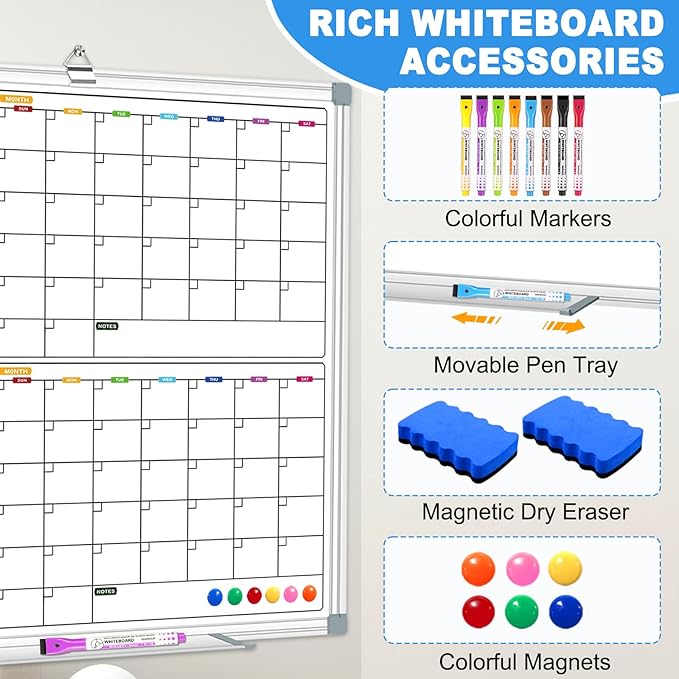 Magnetic Calendar Whiteboard for Wall, 4 Month White Board Calendar Dry Erase Board 48" x 36", Wall Mounted Board Planner for Office, School, Home, Store