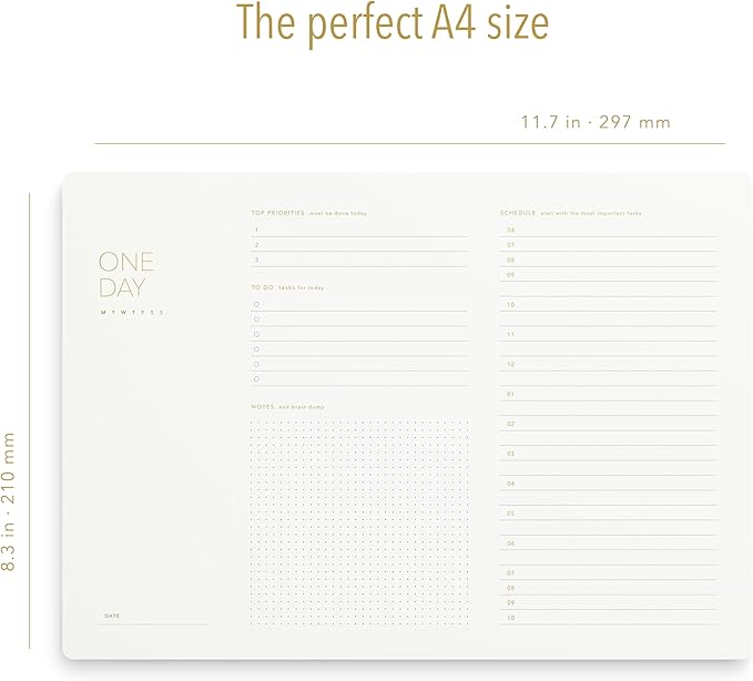Pinesman - One Day, Elegant Daily Desk Planner, Gold Foiled, Minimalist Productivity Planner Pad, Time Blocking Hourly Schedule, To Do List Notepad, A4, 52 Pages, FSC™ Certified