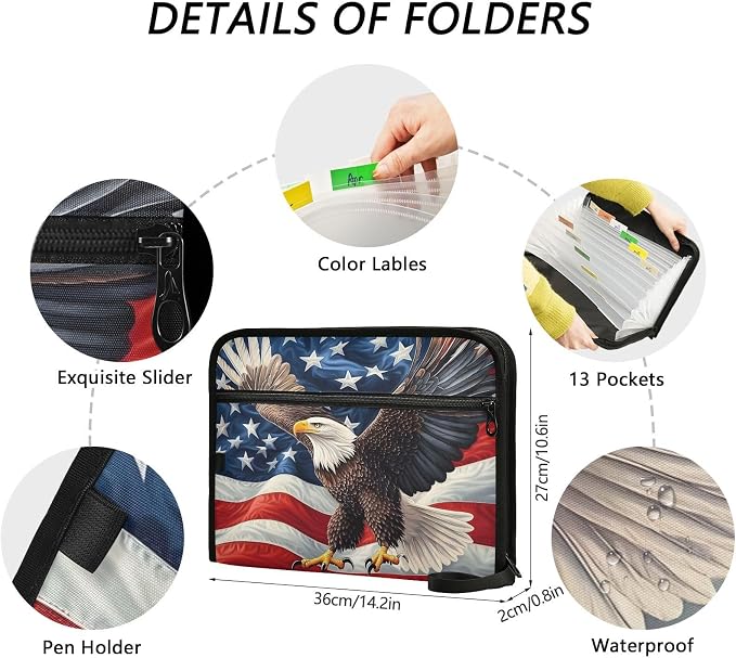 Expanding File Folder Bald Eagle American Flag Old Accordion File Organizer 13 Pockets Document Organizer with Zipper Labels A4 Letter Office Storage
