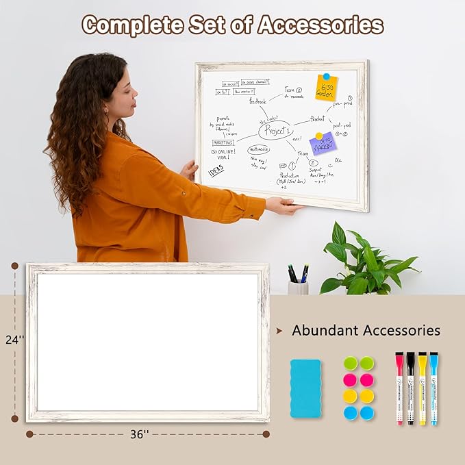 DOLLAR BOSS Magnetic Whiteboard for Wall 36" x 24" Vintage Wood Framed White Board Decorative Dry Erase Board for Home Office Shop Decor Display with 4 Markers, 8 Magnets, 1 Eraser, Vintage White