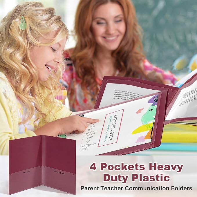 Henoyso 24 Pcs Take Home Folder Heavy Duty 2 Clear Front Pockets and 2 Inside Pockets Homework Folders for School Students Parent Teacher Classroom Communication (Burgundy)